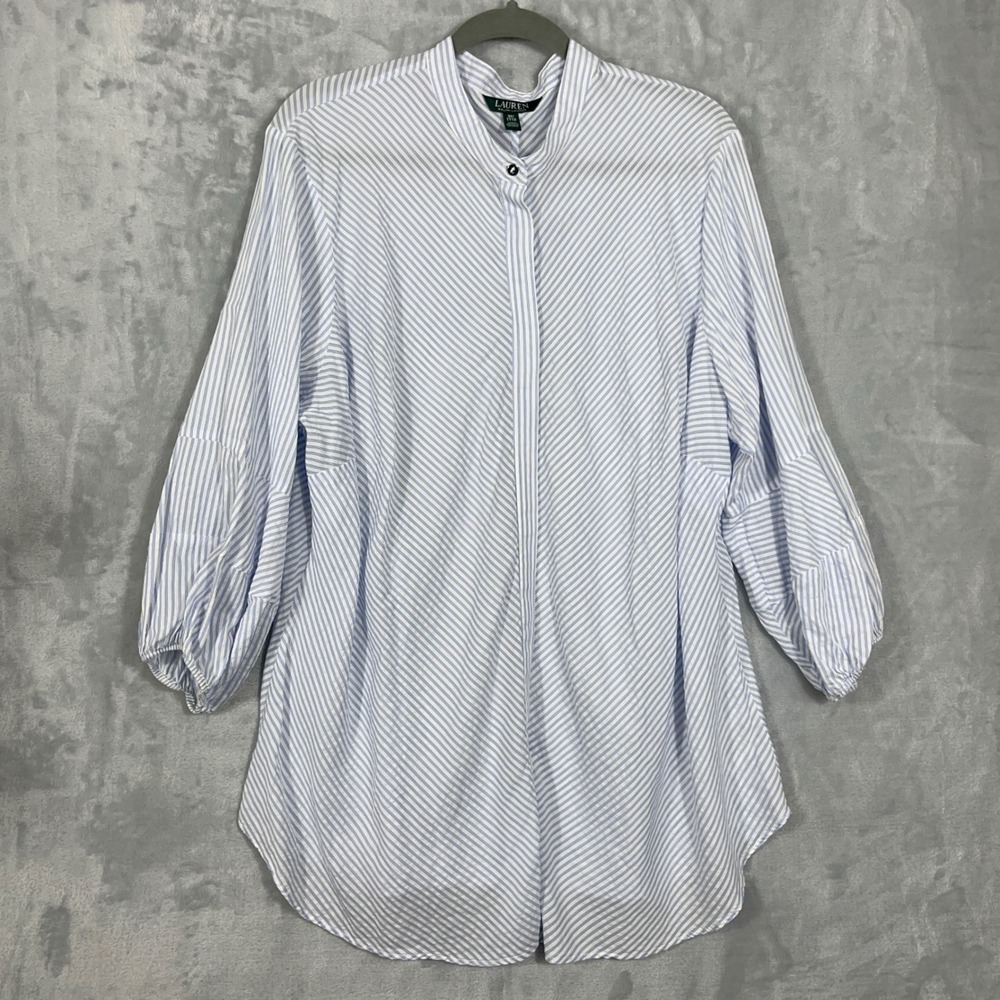 Lauren Ralph Lauren Women 3X Blue White Striped Tunic Puff Sleeve Cotton Tencel